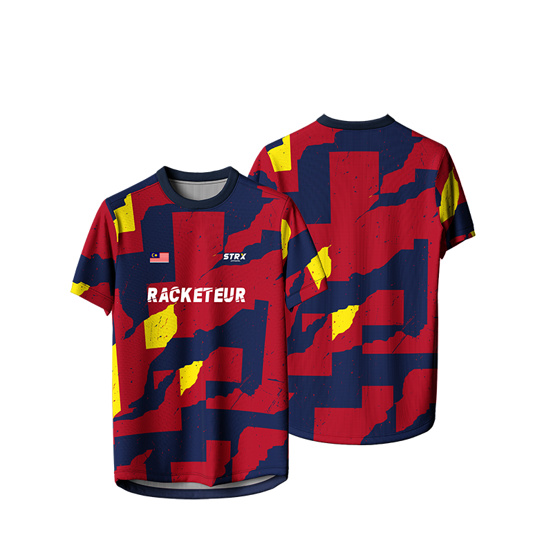 Design jersey badminton custom STRX03 merah biru kuning