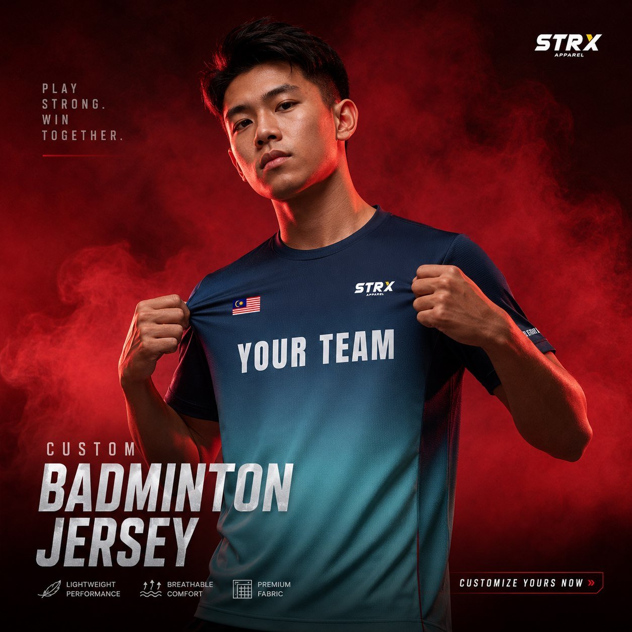 Pemain memakai jersey badminton custom full sublimation STRX Apparel